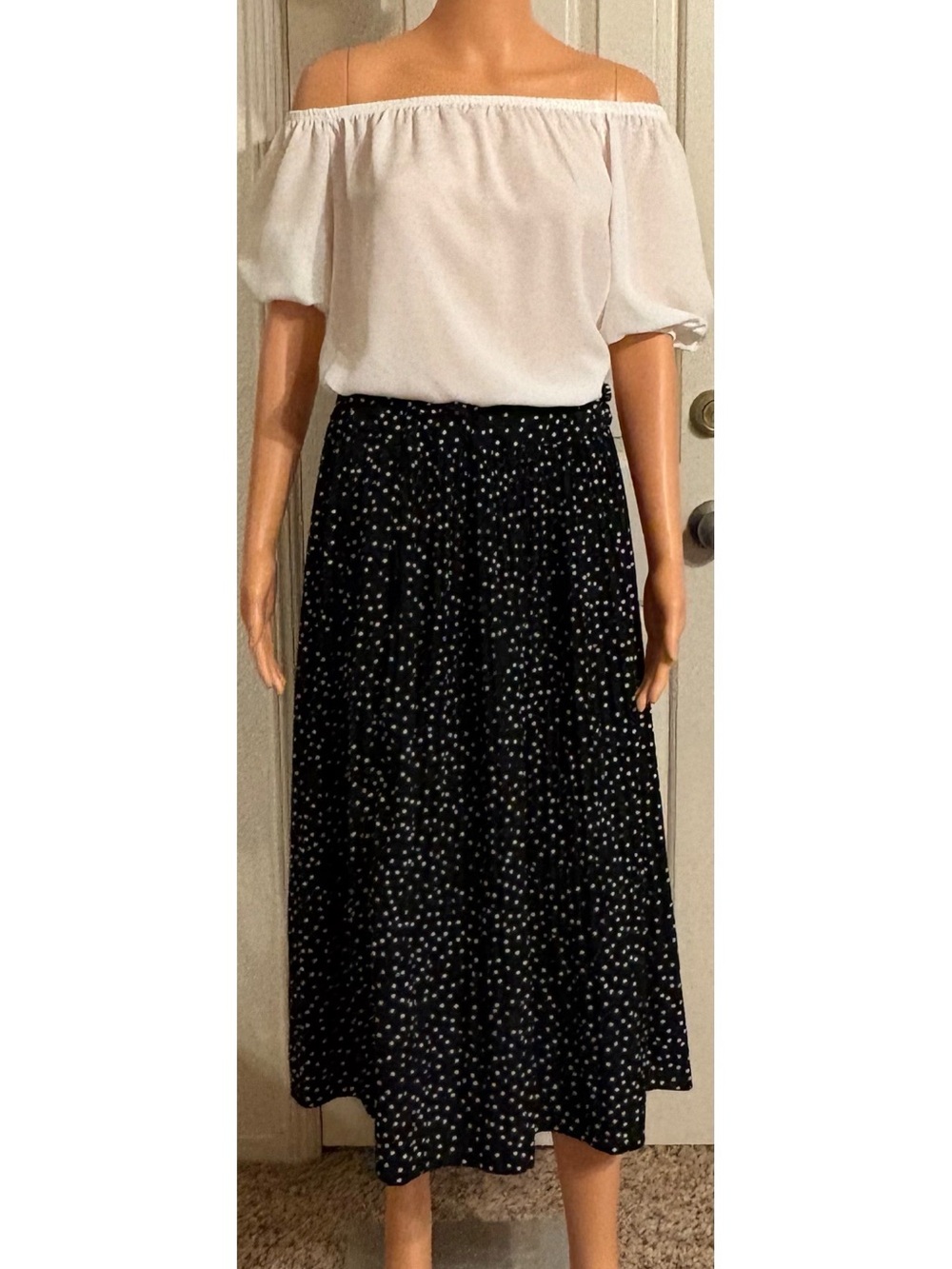 Black Polka Dot Midi Skirt - Women's Flowy A-Line Skirt (Blouse Not Included)